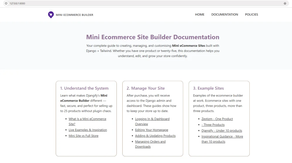 documentation site for ecommerce builder